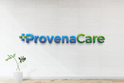 3D custom medical office signage with blue and green ProvenaCare logo mounted on white tiled wall by Volt Signs