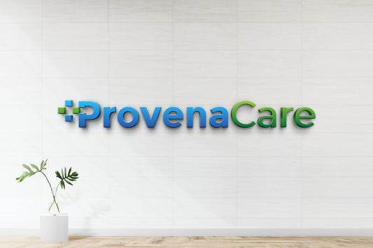 3D custom medical office signage with blue and green ProvenaCare logo mounted on white tiled wall by Volt Signs