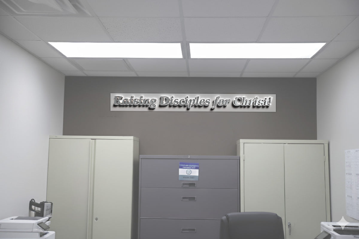 Office interior with metallic 'Raising Disciples for Christ!' wall sign above gray filing cabinet and beige cabinets.