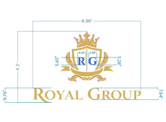 Royal Group luxury logo sign size proof, 6 foot wide layout with gold crown crest, blue RG monogram, and Royal Group wordmark for premium brand.