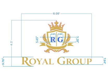Royal Group luxury logo sign size proof, 6 foot wide layout with gold crown crest, blue RG monogram, and Royal Group wordmark for premium brand.