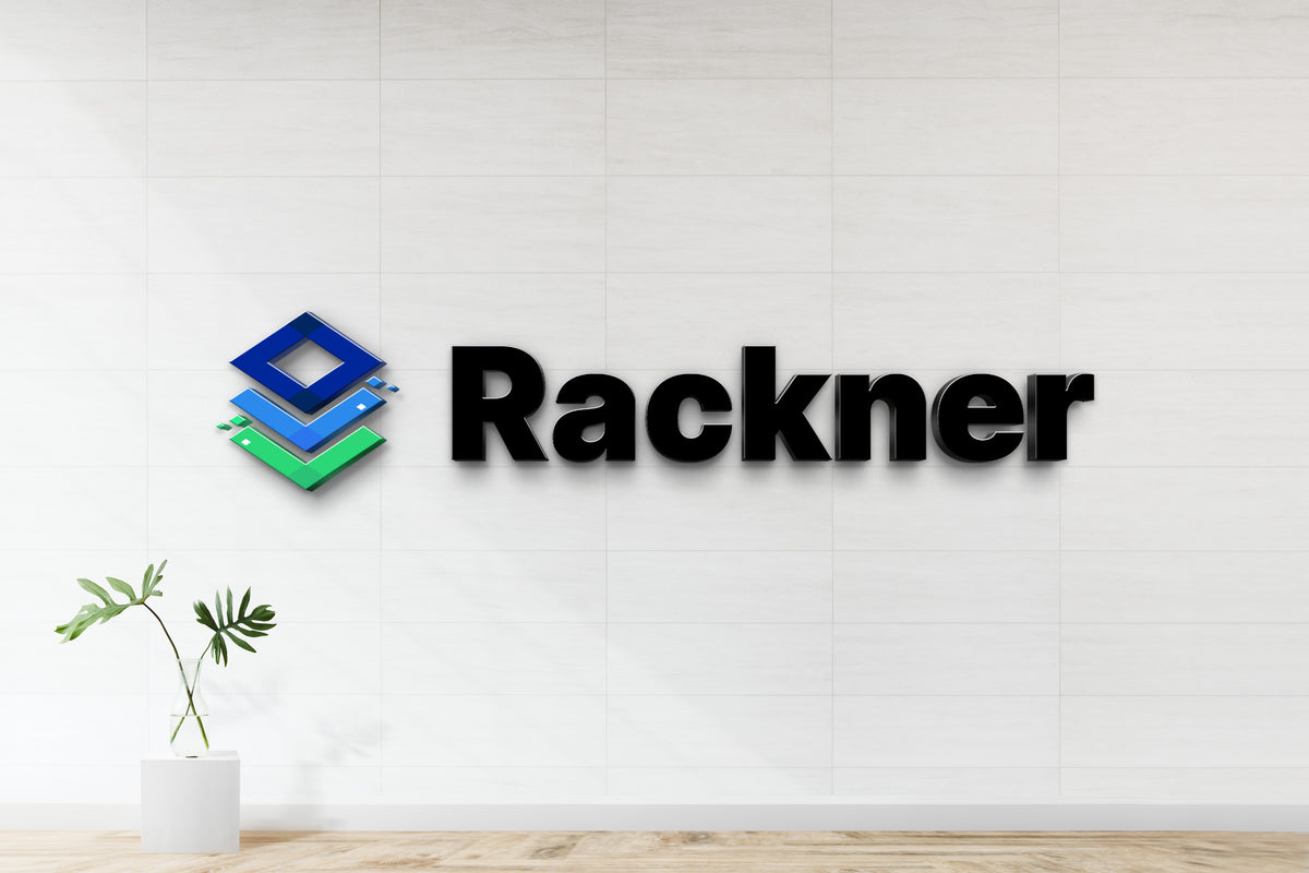 3D non-lit custom wall sign mockup for Rackner featuring black letters and blue-green geometric logo on white tile wall