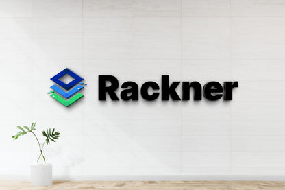 3D non-lit custom wall sign mockup for Rackner featuring black letters and blue-green geometric logo on white tile wall