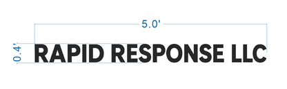 Black bold 'RAPID RESPONSE LLC' text on white with blue dimension lines marking 5.0' width and 0.4'.