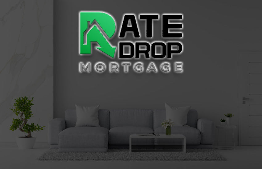 Custom Rate Drop Mortgage 3D halo backlit logo sign by Volt Signs with green house arrow R monogram on office wall mockup, mortgage broker brand.