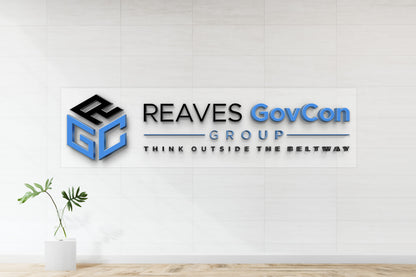 3D black-blue cube logo with 'REAVES GovCon GROUP' and 'THINK OUTSIDE THE BELTWAY' on white tile wall, vase plant.