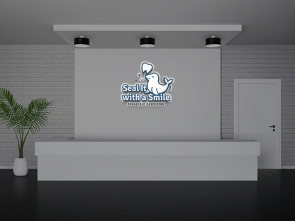 Reception area with white desk, gray brick wall, blue 'Seal It with a Smile' seal logo, potted palm left.