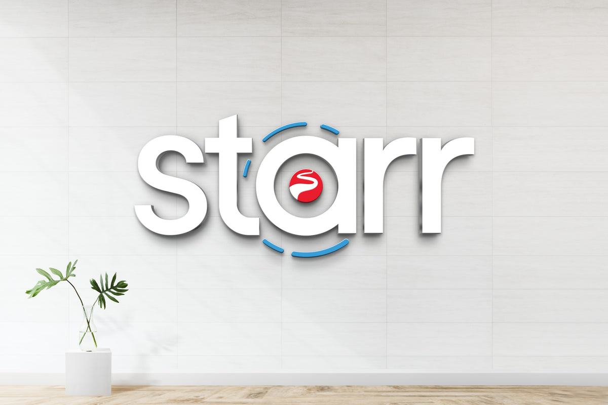 Silver metallic 3D letters spelling 'STARCHIVE' mounted on vertical dark brown wooden slats with sunlight cast shadow.White 3D star logo with red circular s icon and blue arc accents on tiled white wall, glass vase with green leaves.