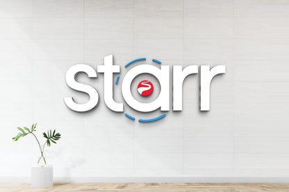 Silver metallic 3D letters spelling 'STARCHIVE' mounted on vertical dark brown wooden slats with sunlight cast shadow.White 3D star logo with red circular s icon and blue arc accents on tiled white wall, glass vase with green leaves.