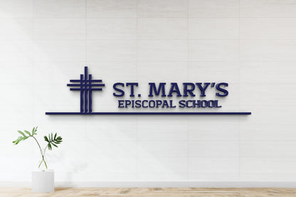 Non-lit 3D custom wall sign mockup for St. Mary's Episcopal School in navy blue on white tiled wall from Volt Signs