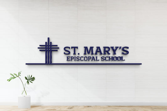 Non-lit 3D custom wall sign mockup for St. Mary's Episcopal School in navy blue on white tiled wall from Volt Signs