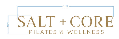 Gold SALT + CORE Pilates & Wellness logo centered on white background with blue measurement marks 100" and 18.5".