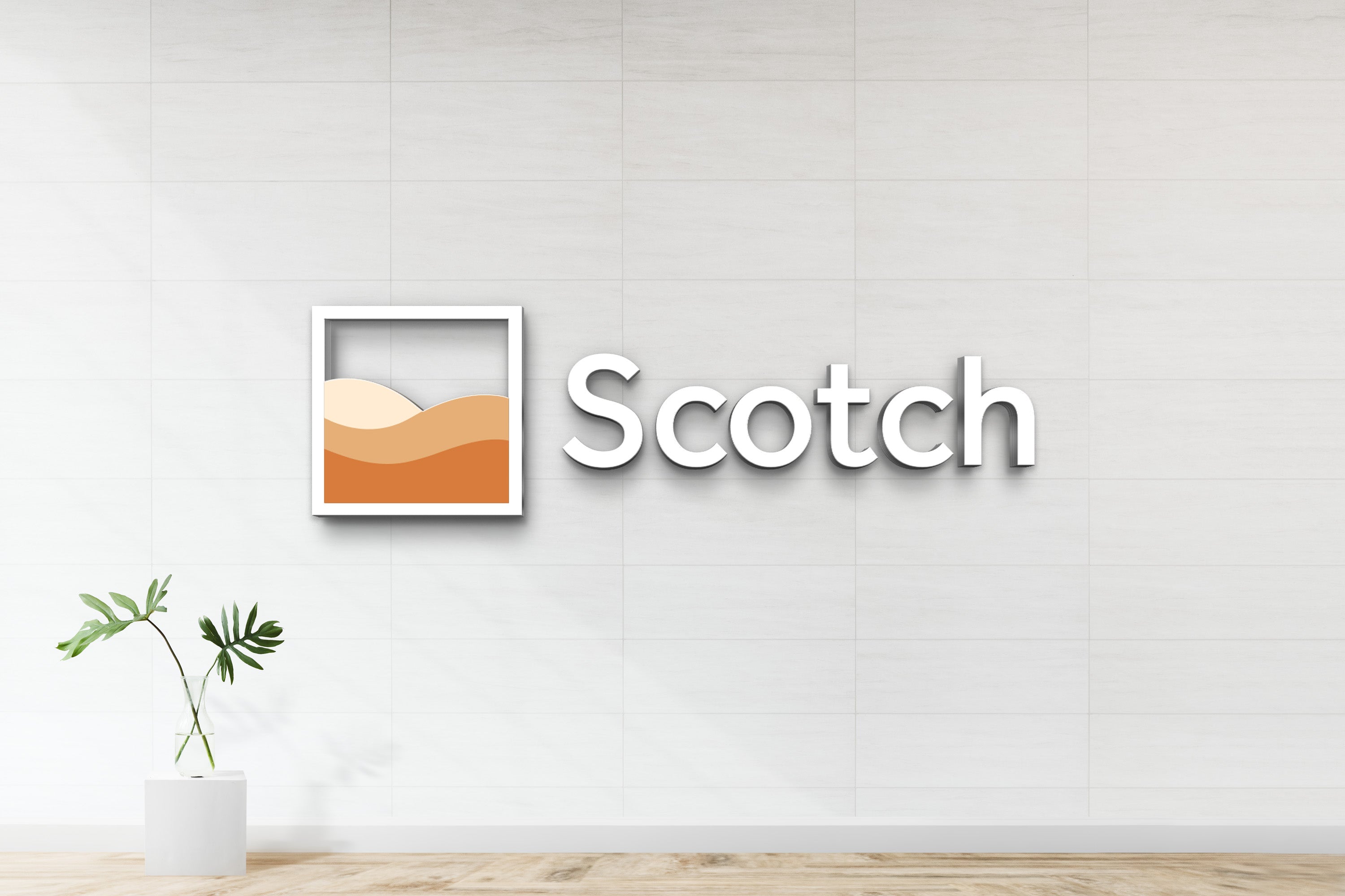 Scotch 3D dimensional logo sign with white wordmark and orange dunes emblem on tile interior wall mockup, hospitality brand signage.