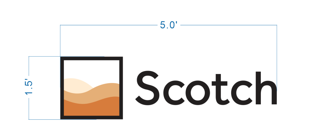 Scotch logo sign size proof, 5 foot wide layout with black wordmark and whisky glass dunes emblem for spirits brand storefront.