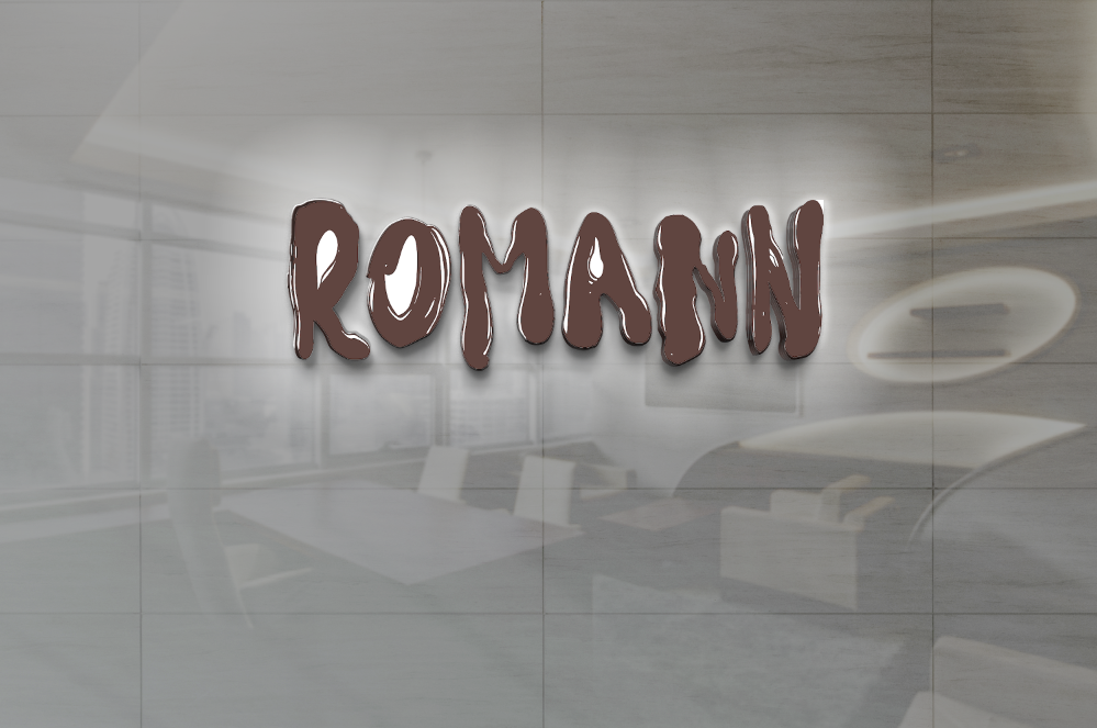 Glossy brown 'ROMANN' sign with white halo mounted on glass over blurred gray office interior with table and chairs.
