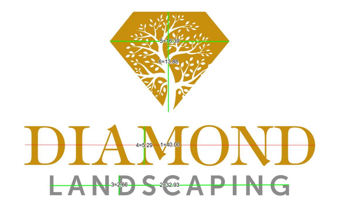 Gold diamond with white tree inside above serif gold 'DIAMOND' and gray 'LANDSCAPING', green measurement marks.