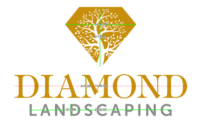 Gold diamond with white tree inside above serif gold 'DIAMOND' and gray 'LANDSCAPING', green measurement marks.