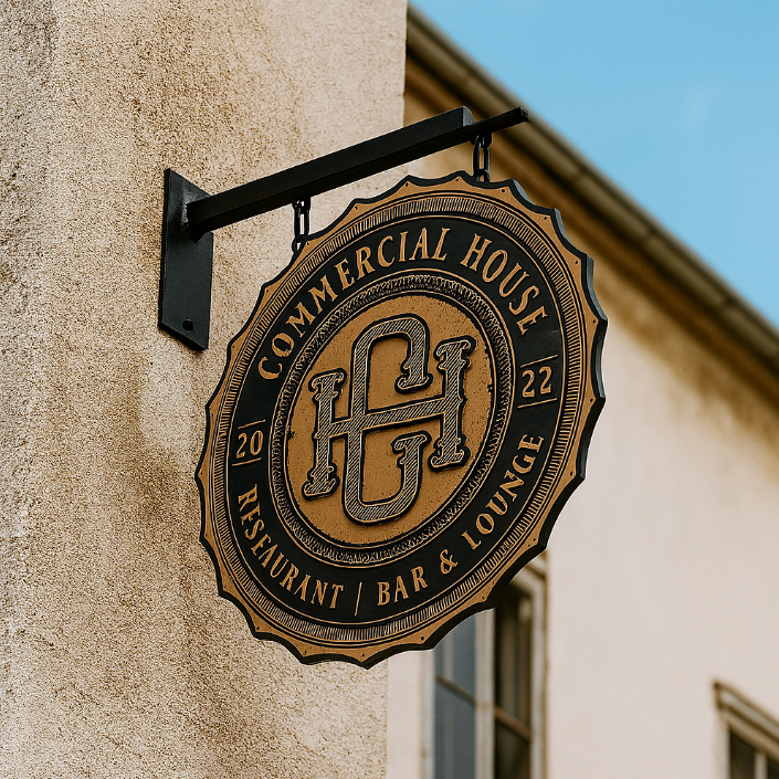 Round bronze-and-black hanging sign 'Commercial House' with CH monogram and 'Restaurant | Bar & Lounge' on beige wall.