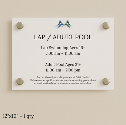 White acrylic pool plaque on beige wall with metal standoffs saying 'LAP / ADULT POOL' and times 7:00–11:00, 11:00–7:00.