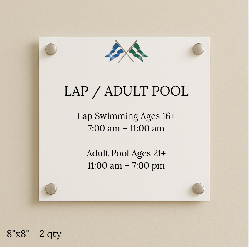 White sign on beige wall 'LAP / ADULT POOL' with crossed blue/green flags; lap 16+ 7–11am, adult 21+ 11am–7pm.