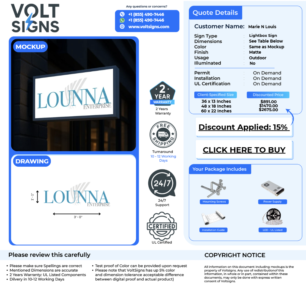 Volt Signs quote sheet showing a LOUNNA Enterprise lightbox mockup with sizes, prices and 15% discount.