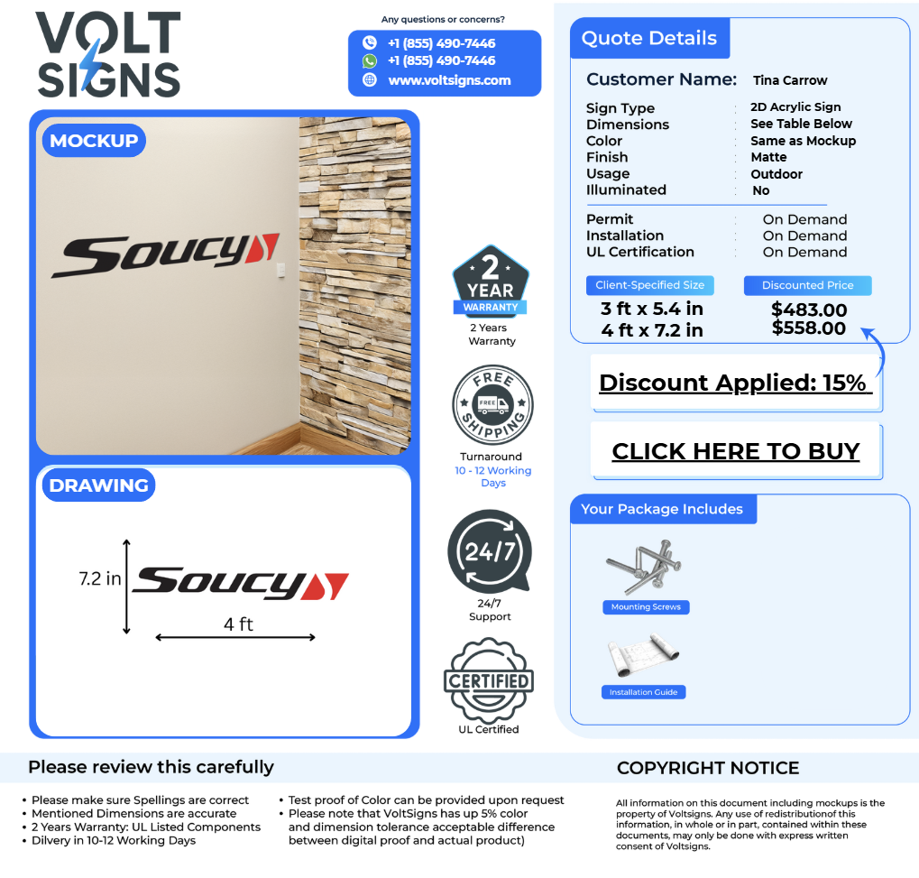Volt Signs mockup and quote showing a black and red 'Soucy' wall logo, 4 ft x 7.2 in dimensions, prices.