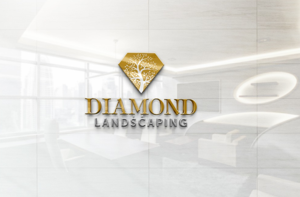 Gold diamond emblem with white tree above gold DIAMOND text and silver LANDSCAPING text on blurred modern office wall.