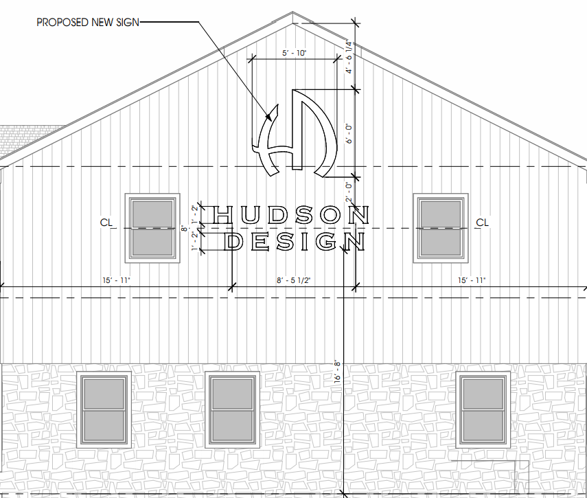 Architectural drawing of proposed custom Volt Signs signage for Hudson Design on building facade with dimensions shown.