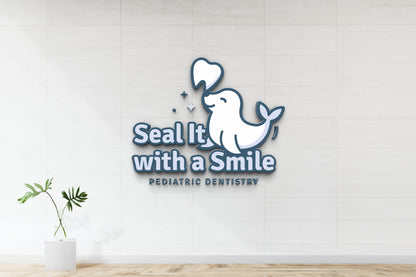 Smiling white seal holding a tooth above blue 'Seal It with a Smile' pediatric dentistry logo, glass vase, green leaves.