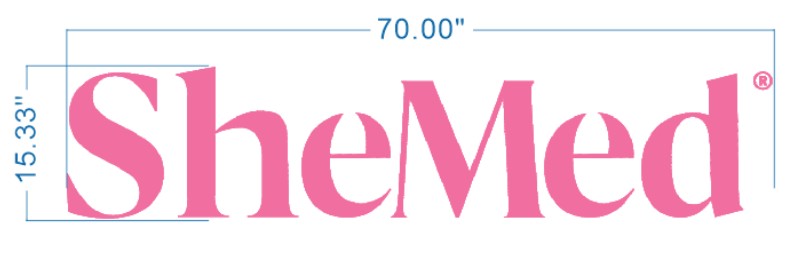 Pink SheMed wordmark in serif type on white background with blue dimension lines showing 70.00" width and 15.33" height.