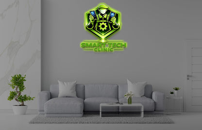 Minimal gray living room with light-gray sofa, glass coffee table, potted plants and neon green Smart Tech Clinic logo.