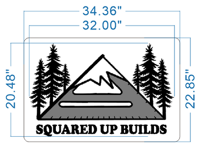 Gray and black mountain logo with pine trees and 'SQUARED UP BUILDS' text, blue size labels 34.36" 32.00" 20.48" 22.85".
