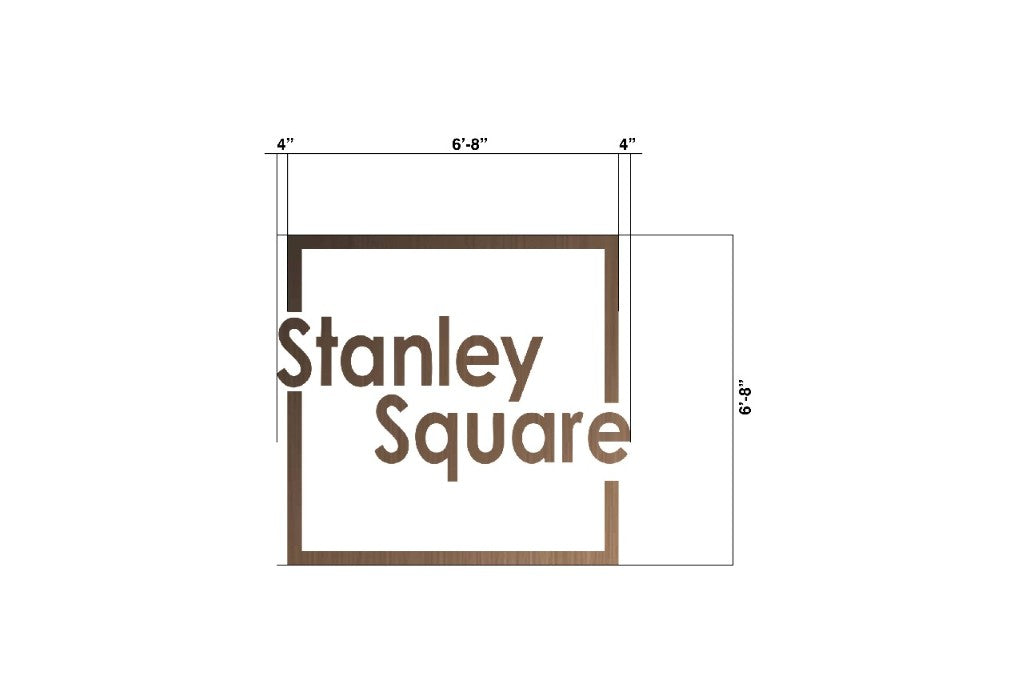 Brown wood-grain square frame with brown 'Stanley Square' logo text, architectural dimensions 6'-8" and 4".