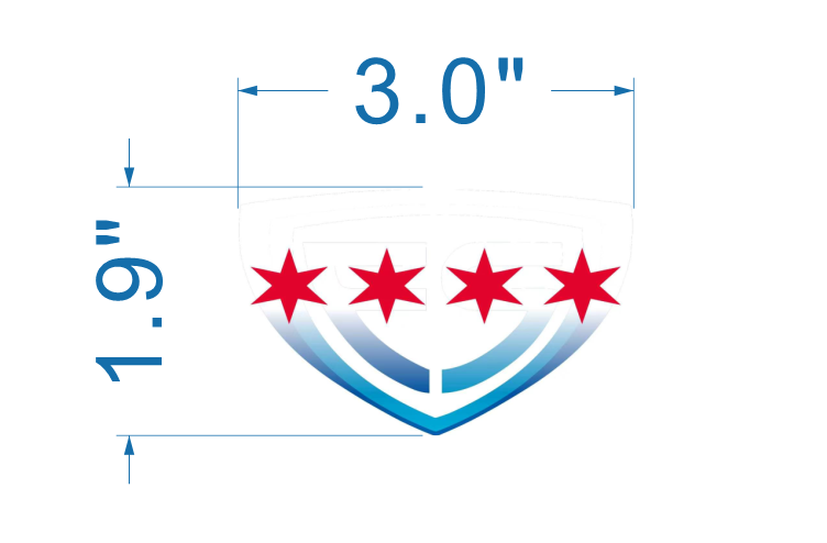 Chicago flag shield emblem size proof, 3 inch wide small badge with four red stars and blue stripes for civic signage application.