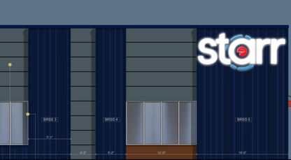 Dark blue corrugated facade with gray horizontal panels, windows, yellow pole lights and glowing 'starr' logo.