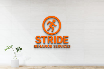 Custom Stride Behavior Services 3D orange dimensional logo sign by Volt Signs, running figure icon and bold wordmark, nonlit office signage.