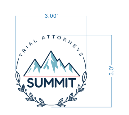Circular logo with teal/navy mountains, thin red base, bold SUMMIT, arched TRIAL ATTORNEYS, laurel, blue 3.00' guides