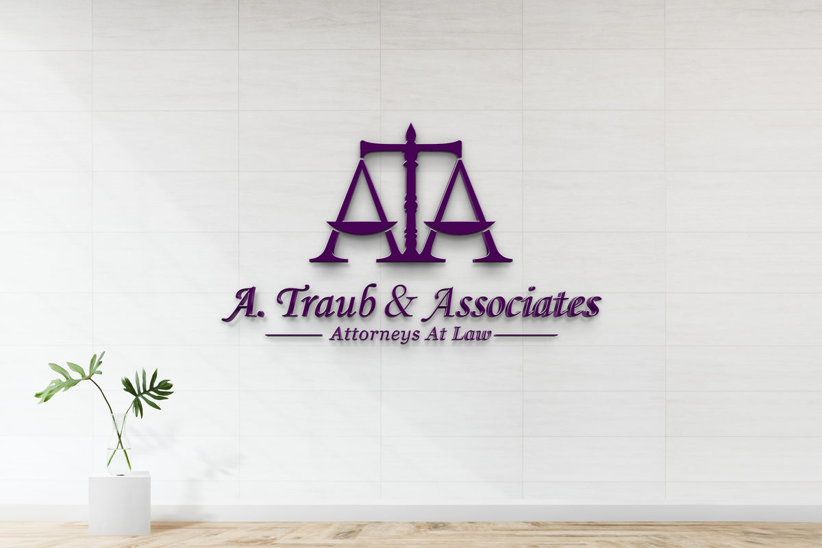 Purple scales logo above 'A. Traub & Associates Attorneys At Law' text on white tiled wall with glass vase plant.