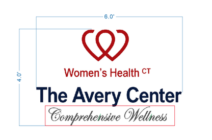 The Avery Center logo sign size proof, 6 foot wide layout with Women's Health CT branding for comprehensive wellness center.