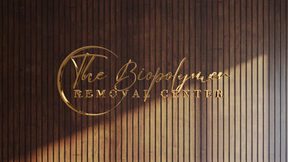Elegant gold metallic custom wall sign for The Biopolymer Removal Center mounted on dark vertical wood panels by Volt Signs