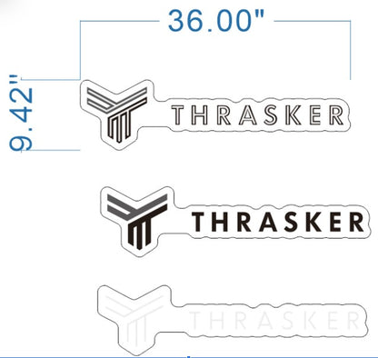 Three horizontal THRASKER stickers with Y-striped logo and text, dimensions 36.00" x 9.42", black, outline and ghosted.