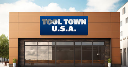 Custom Tool Town USA 3D metal dimensional letter sign by Volt Signs with chrome and white lettering on blue backplate, hardware retail storefront.
