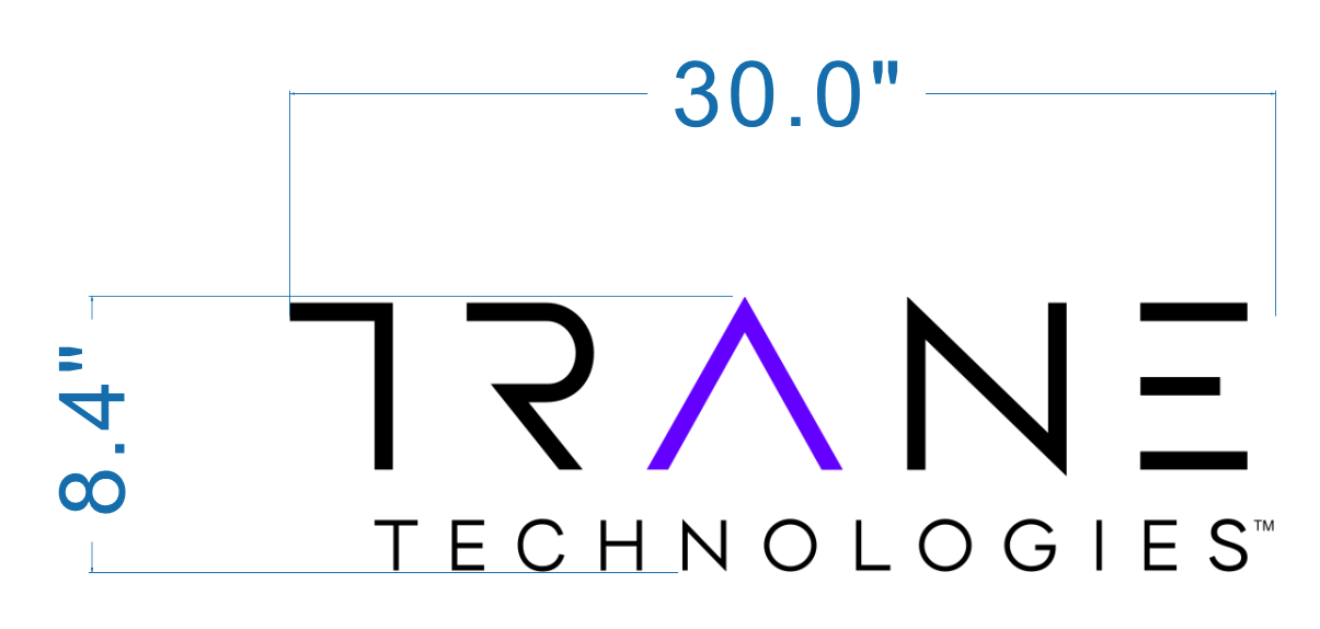Trane Technologies logo sign size proof, 30 inch wide layout with black wordmark and purple triangular A accent for HVAC brand.