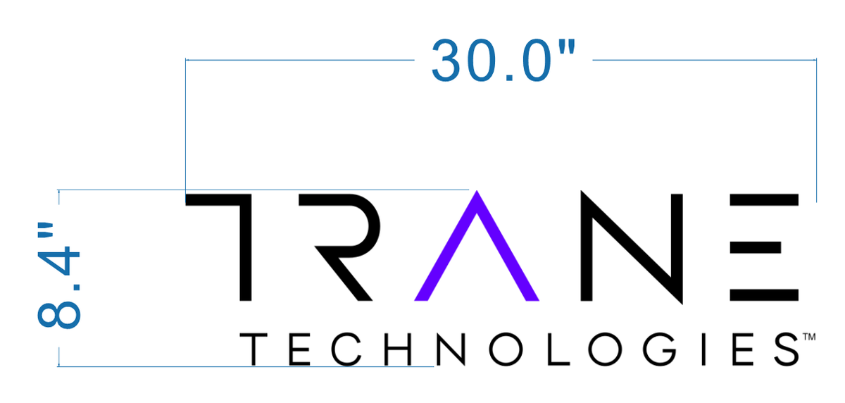 Trane Technologies logo sign size proof, 30 inch wide layout with black wordmark and purple triangular A accent for HVAC brand.