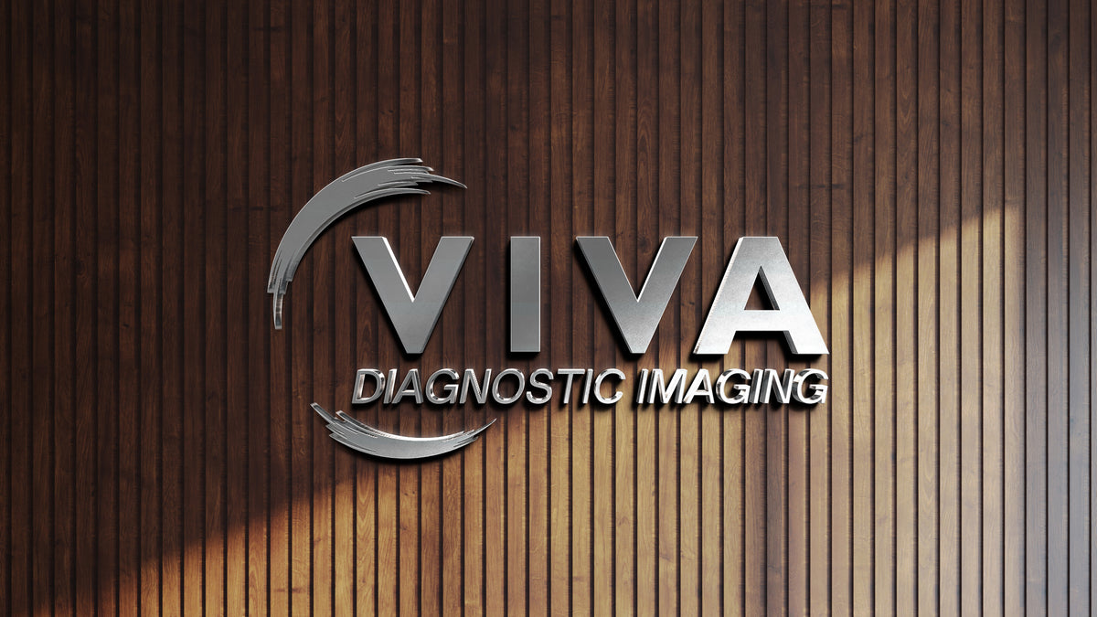 Modern metal 3D custom sign for Viva Diagnostic Imaging on vertical dark wood paneling by Volt Signs.