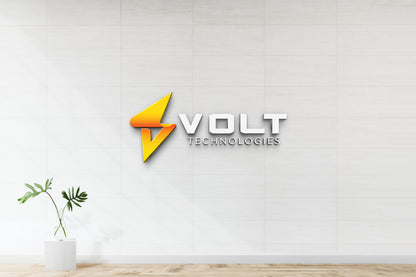 VOLT Technologies silver text with yellow-orange lightning bolt logo on white tiled wall, potted leaves in glass vase.