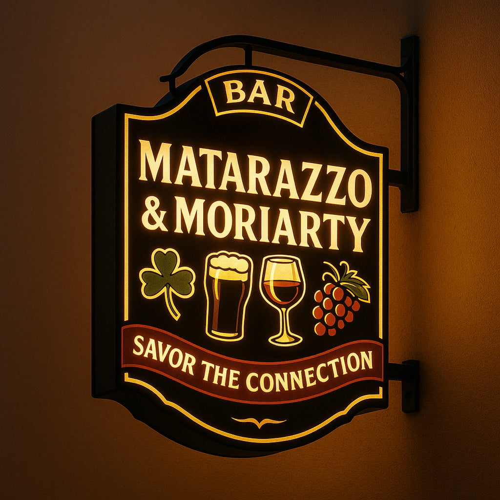 Illuminated vintage-style bar sign reading 'Matarazzo & Moriarty' with shamrock, pint, wine glass and grapes.