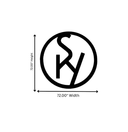 Black circular logo with stylized SKY letters on white background and arrows showing 72.00" width and 72.00" height.