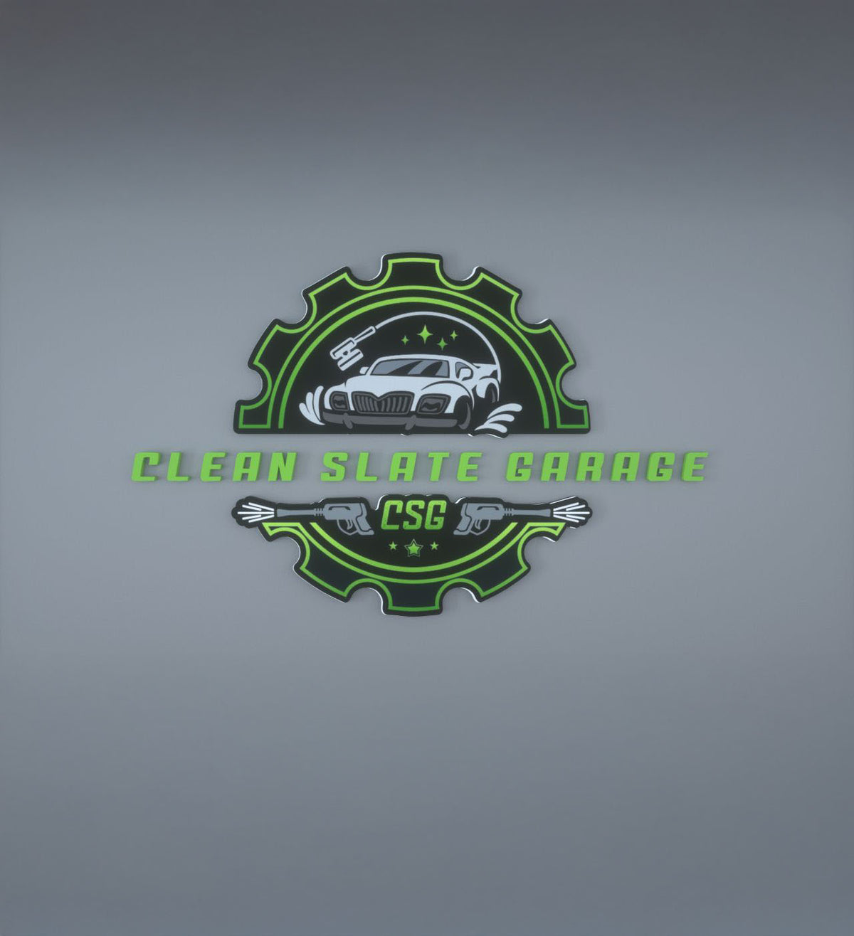 A green and black gear-shaped logo reading 'Clean Slate Garage' with car illustration and 'CSG' initials.