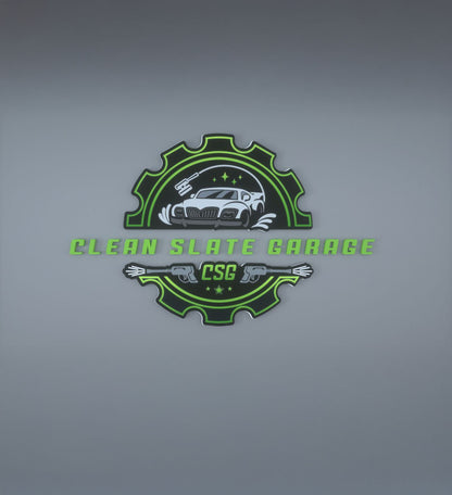 A green and black gear-shaped logo reading 'Clean Slate Garage' with car illustration and 'CSG' initials.